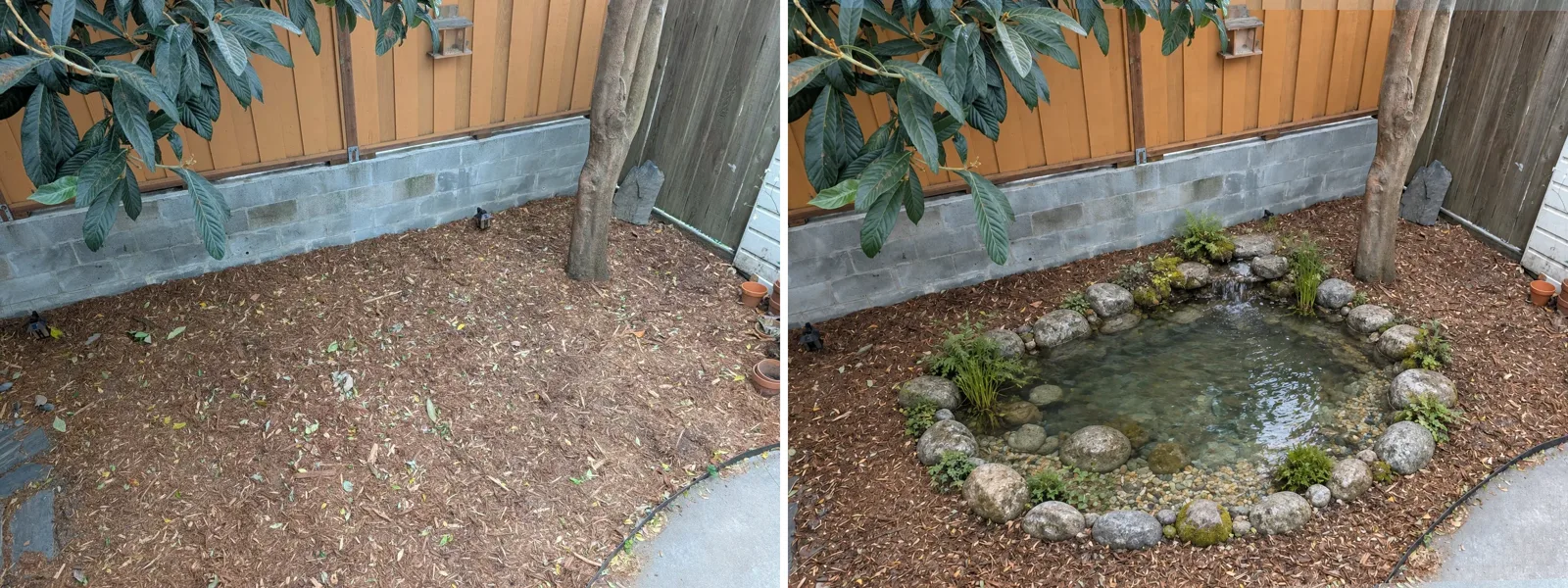 The same backyard before, and with the designed pond rendered in