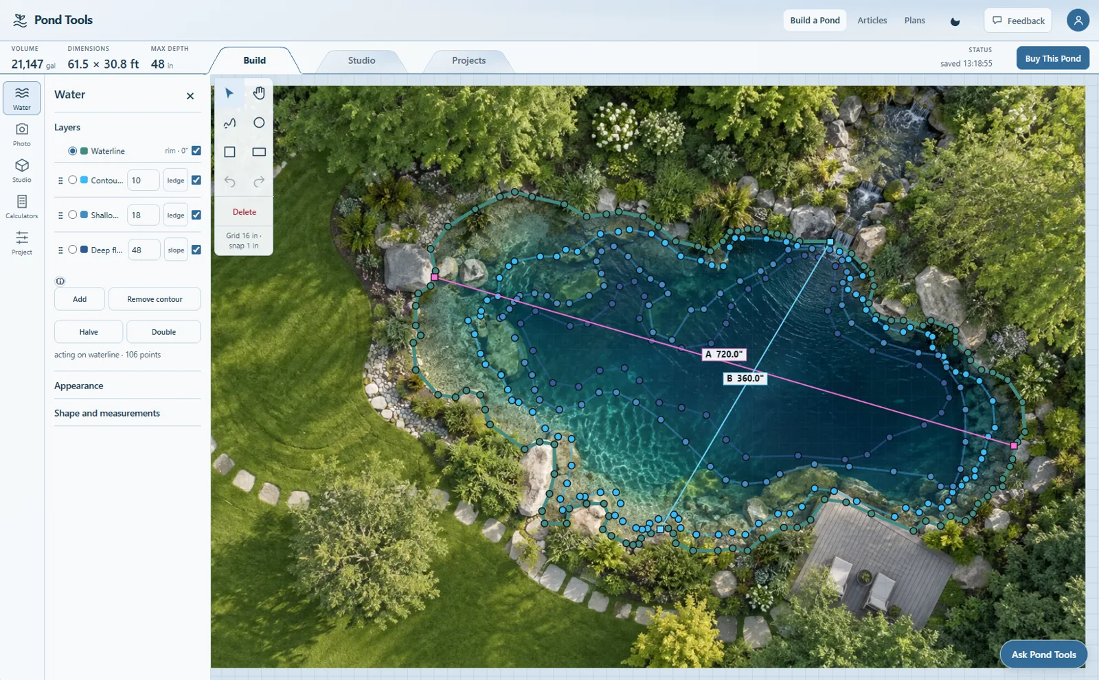A pond traced in the PondTools editor with its shelves and volume