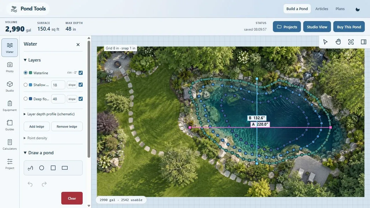 The PondTools editor showing a traced pond with its volume and depth