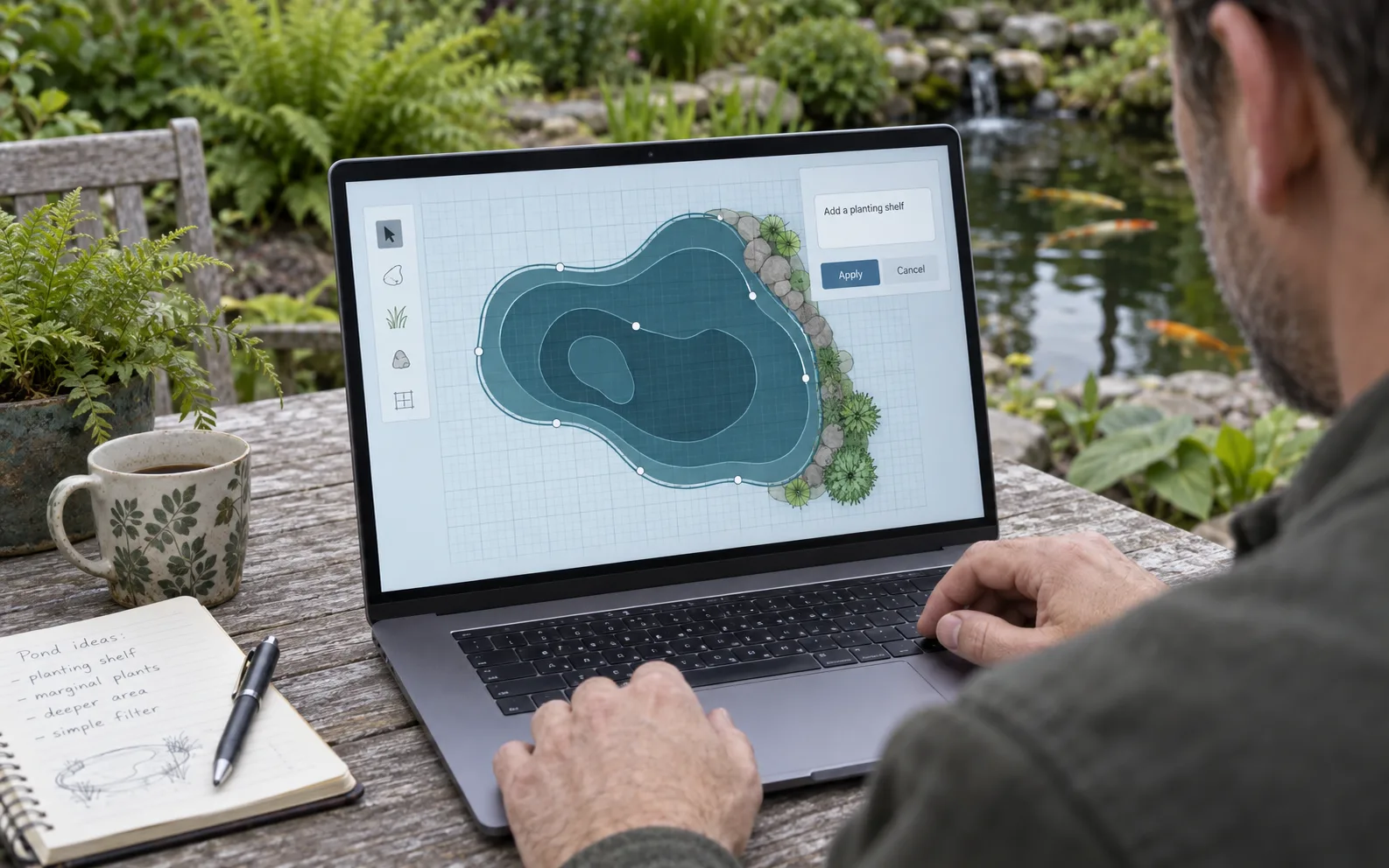 Someone at an outdoor table using PondTools to shape a pond