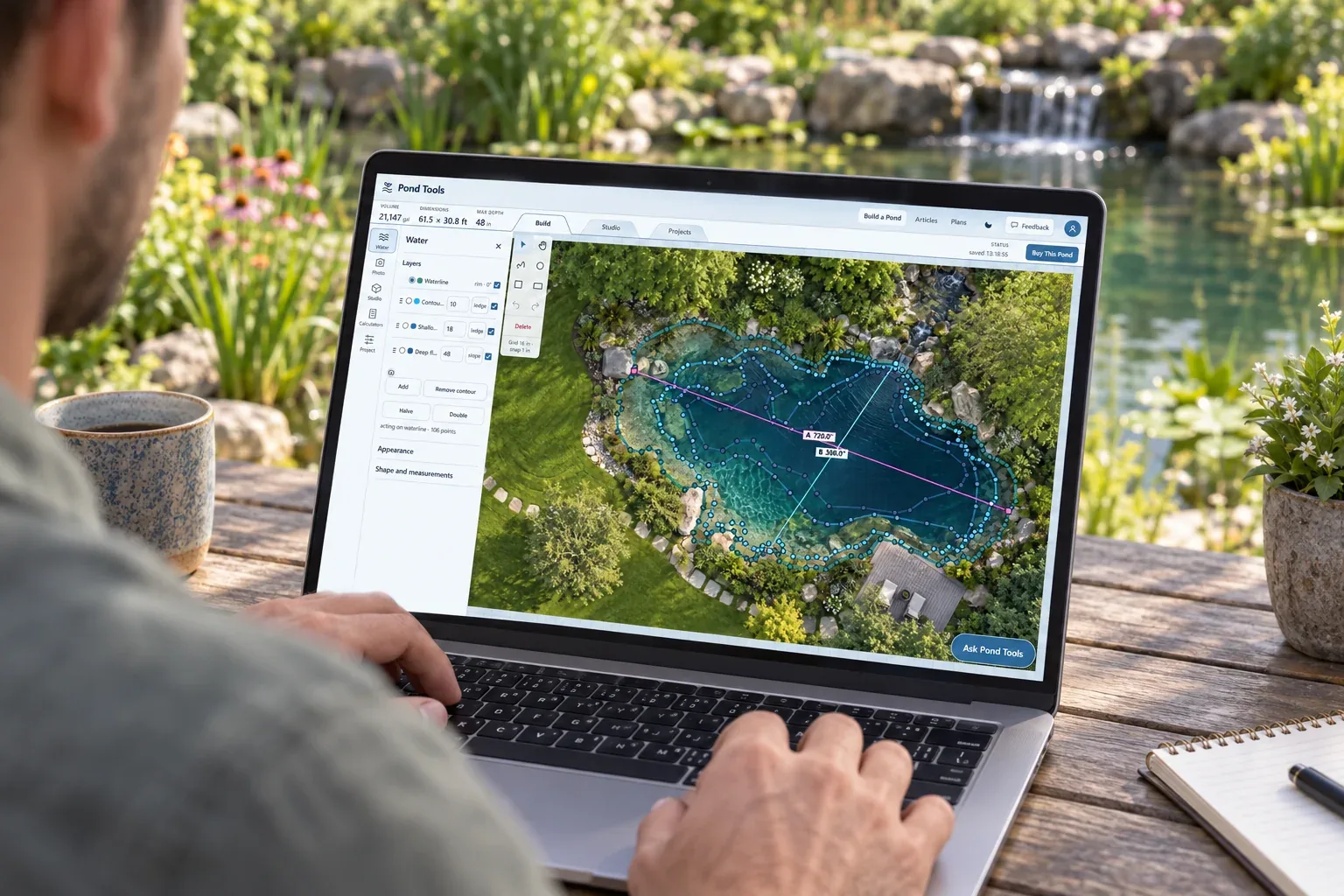 PondTools open on a laptop beside a garden pond, with a pond traced over an aerial photo