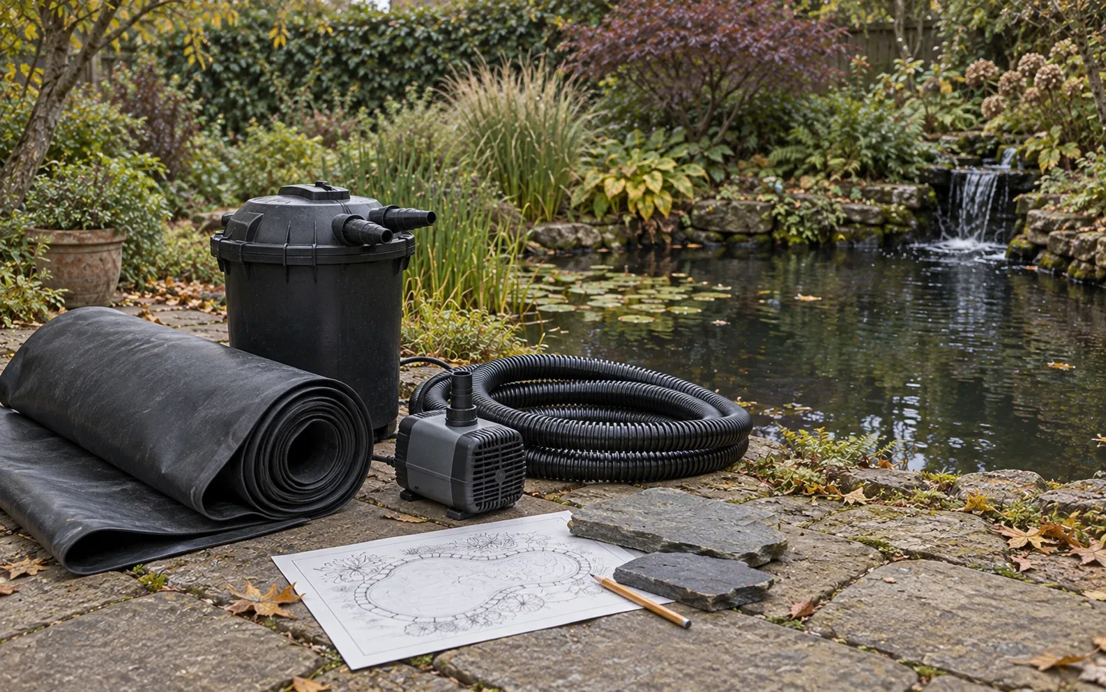 Pond liner, a filter, a pump and tubing laid out on a patio