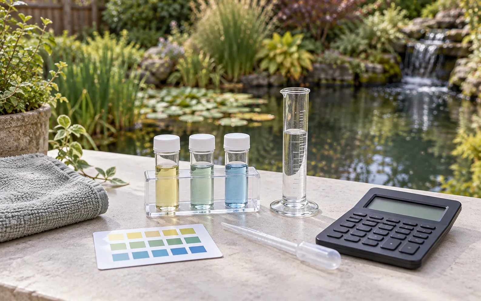Water test vials, a colour chart and a calculator beside a pond